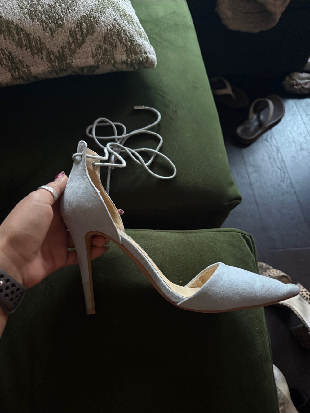 Classic Pointed-Toe Ankle Tie Stiletto Heels in Light Gray